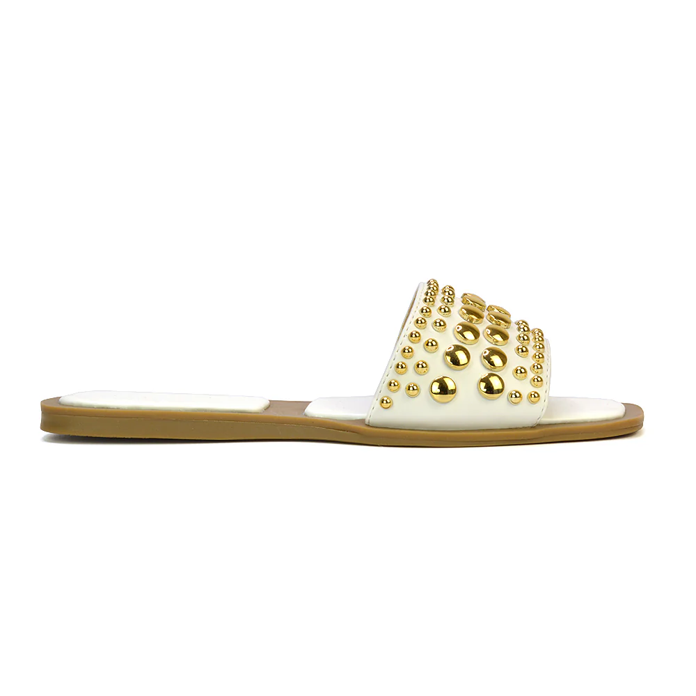 Elodie Studded Flat Heel Slide Sandals With Square Toe in Tan - Image 33