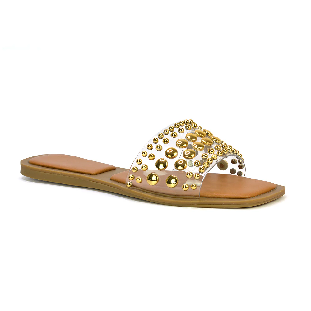 Elodie Studded Flat Heel Slide Sandals With Square Toe in Tan - Image 37
