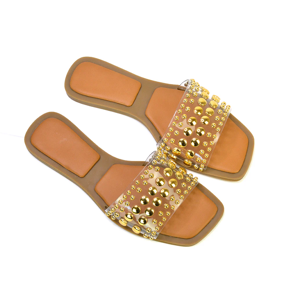 Elodie Studded Flat Heel Slide Sandals With Square Toe in Tan - Image 39