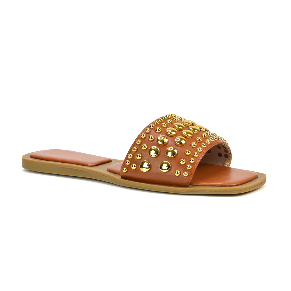 Elodie Studded Flat Heel Slide Sandals With Square Toe in Tan - Image 67