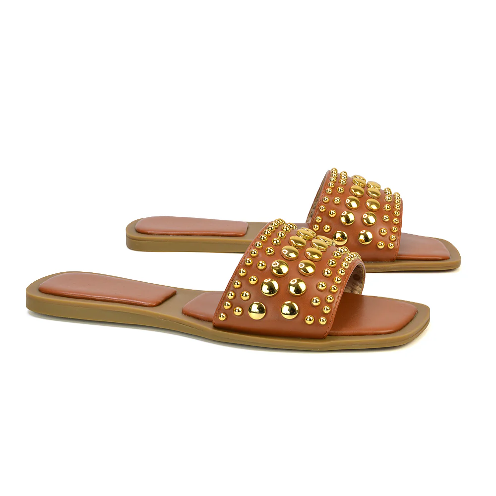 Elodie Studded Flat Heel Slide Sandals With Square Toe in Tan - Image 90