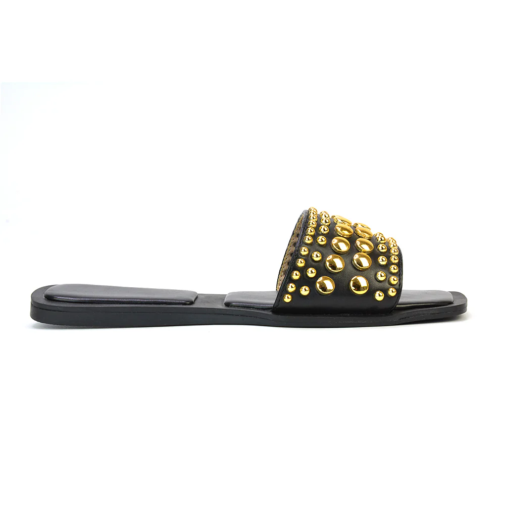 Elodie Studded Flat Heel Slide Sandals With Square Toe in Tan - Image 98