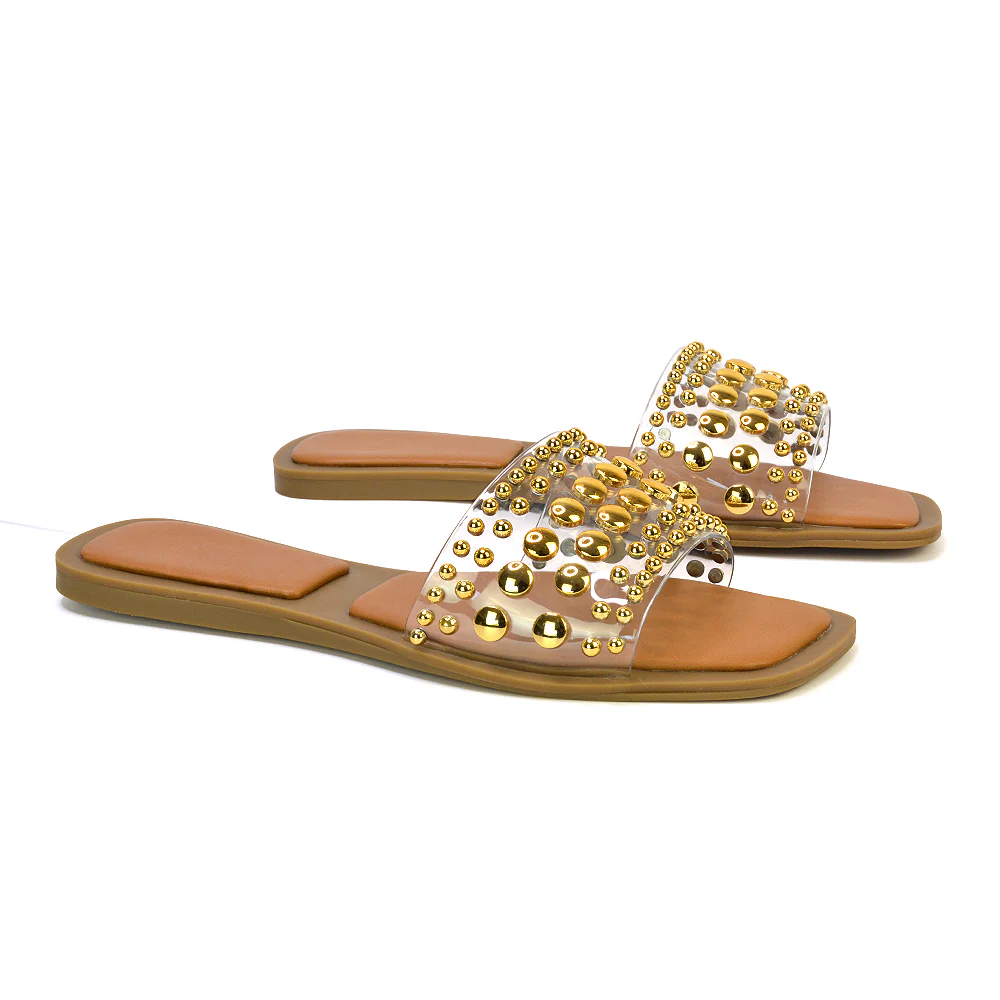 Elodie Studded Flat Heel Slide Sandals With Square Toe in White - Image 65