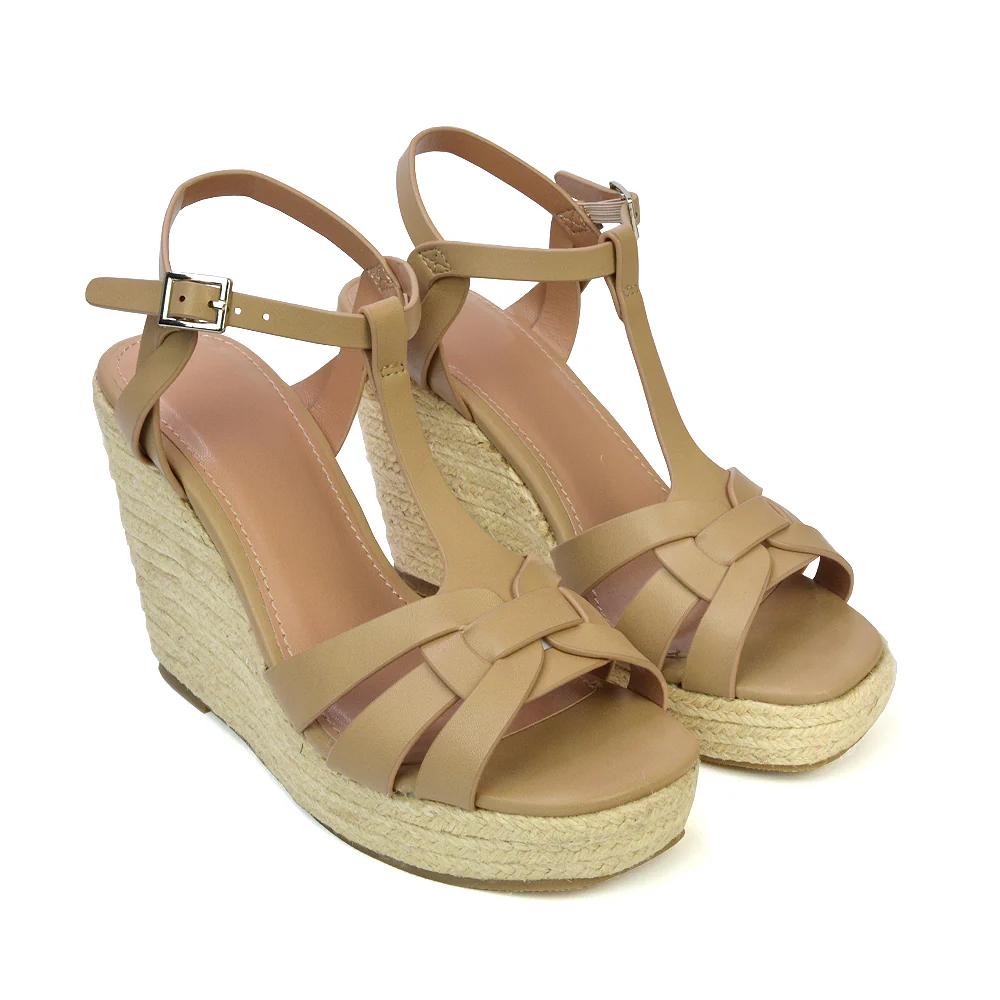 Elora Strappy Platform Wedge Sandals High Heels in Black Synthetic Leather - Image 40