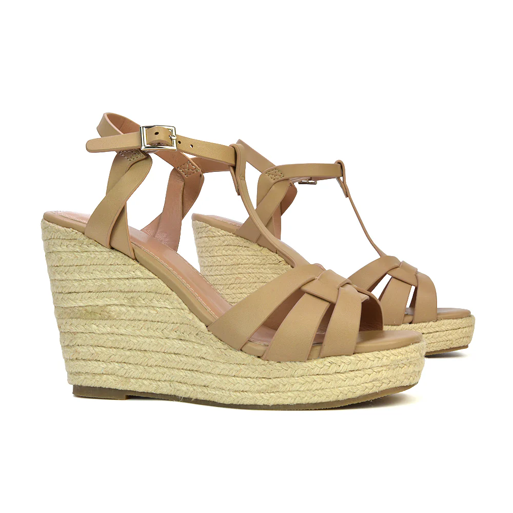 Elora Strappy Platform Wedge Sandals High Heels in Black Synthetic Leather - Image 41
