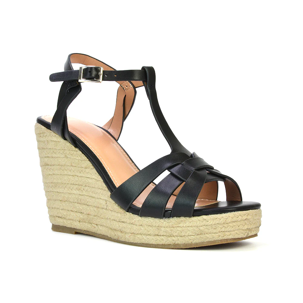 Elora Strappy Platform Wedge Sandals High Heels in Black Synthetic Leather - Image 44