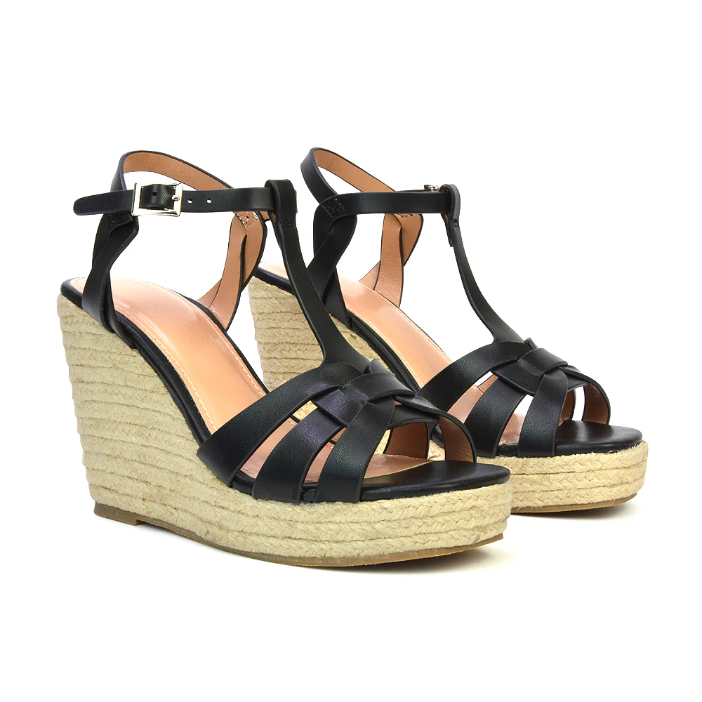 Elora Strappy Platform Wedge Sandals High Heels in Black Synthetic Leather - Image 49