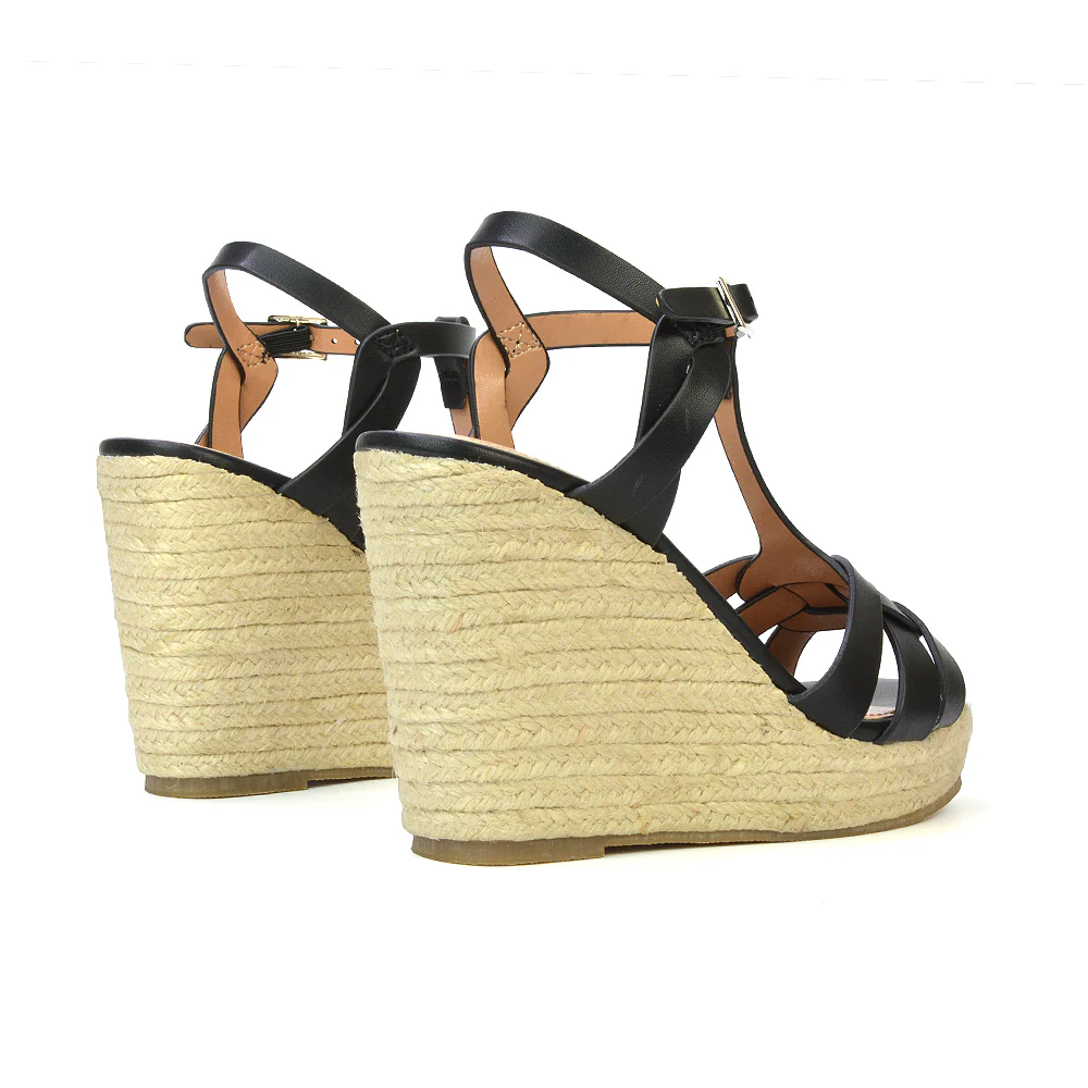 Elora Strappy Platform Wedge Sandals High Heels in Black Synthetic Leather - Image 66