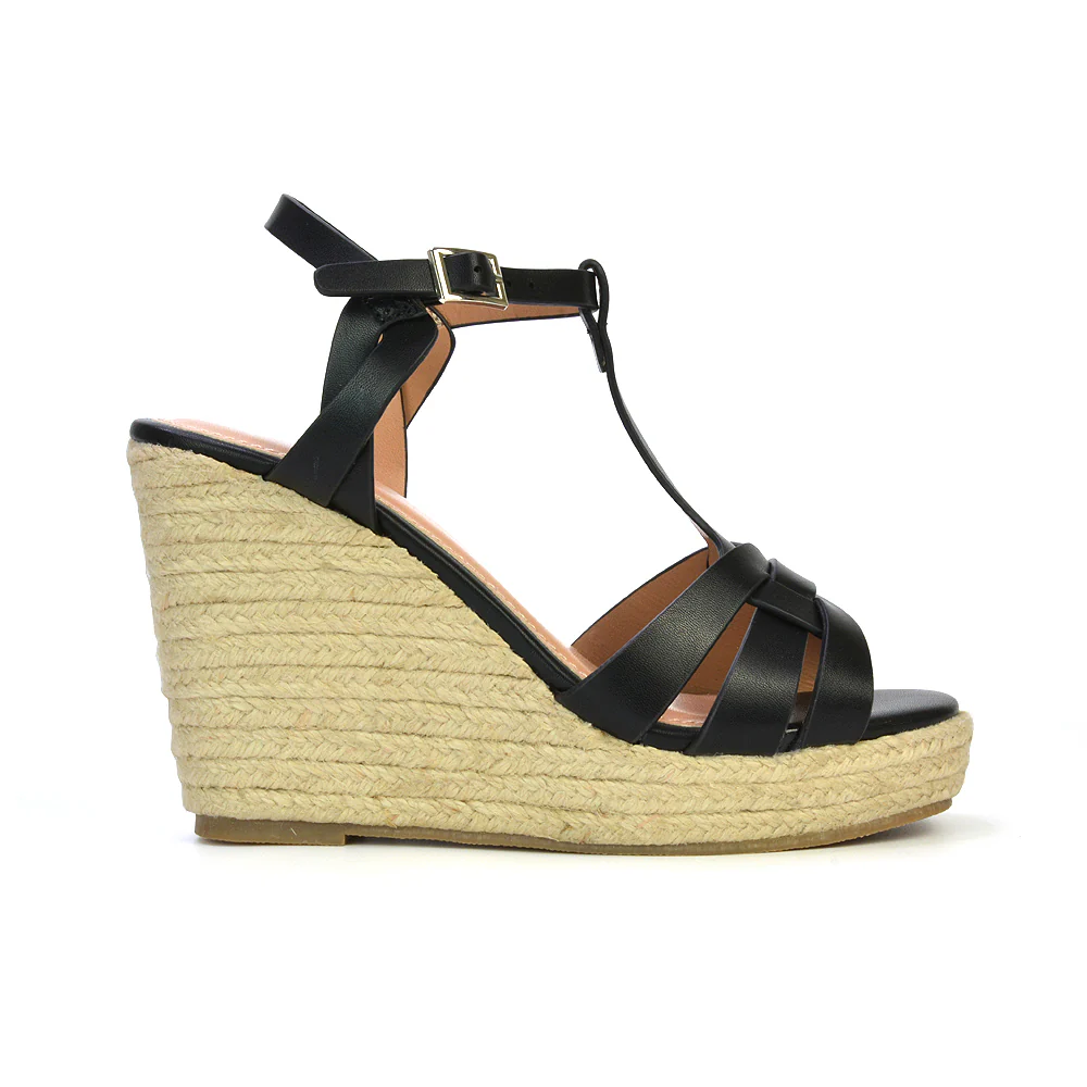 Elora Strappy Platform Wedge Sandals High Heels in Black Synthetic Leather - Image 69
