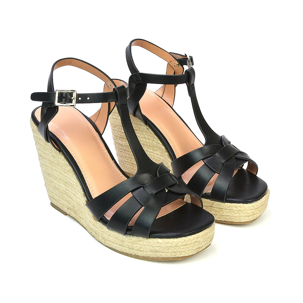 Elora Strappy Platform Wedge Sandals High Heels in Black Synthetic Leather - Image 76