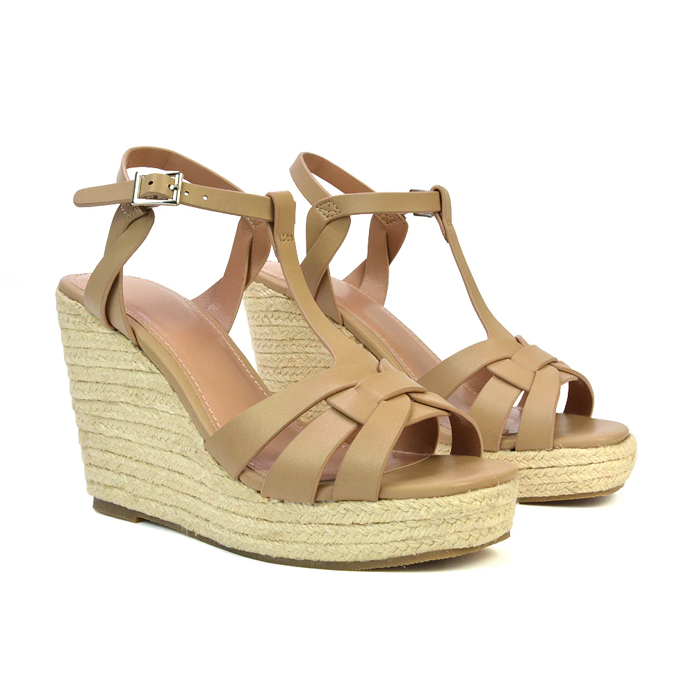 Elora Strappy Platform Wedge Sandals High Heels in Black Synthetic Leather - Image 8