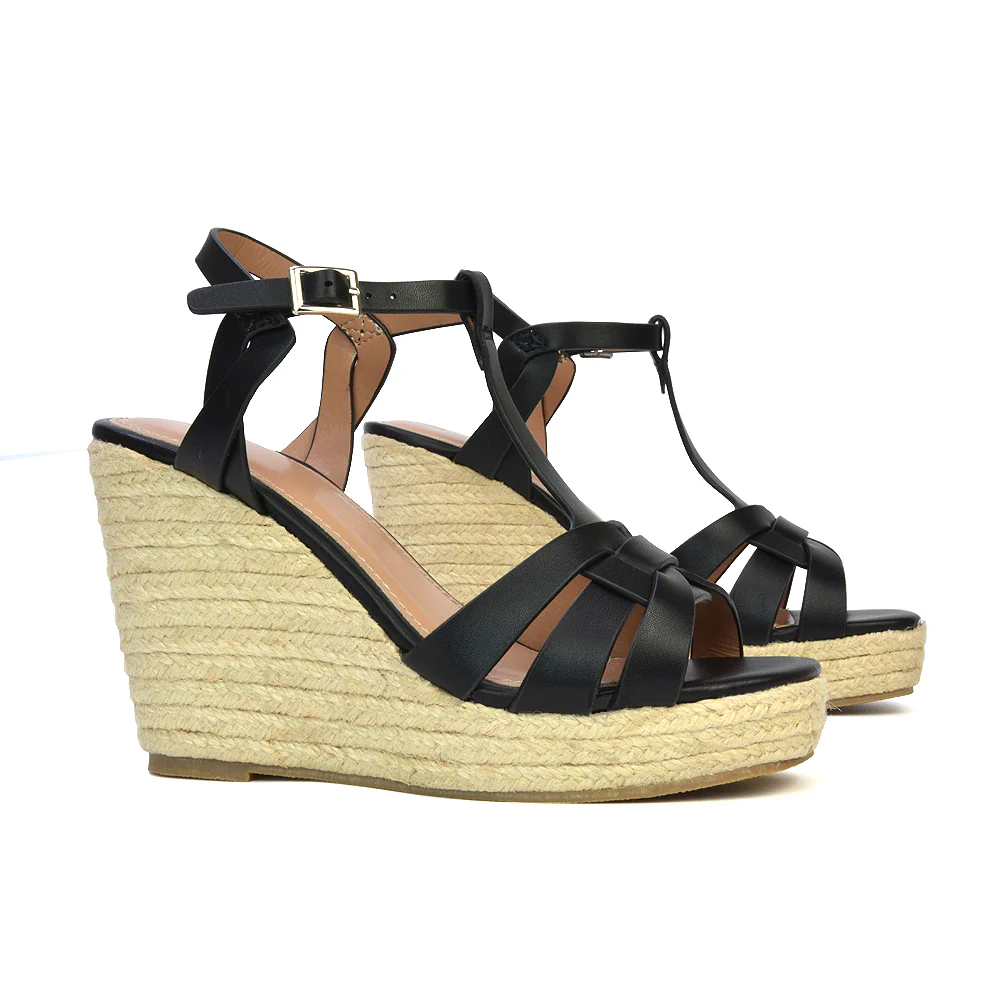 Elora Strappy Platform Wedge Sandals High Heels in Nude Synthetic Leather - Image 71