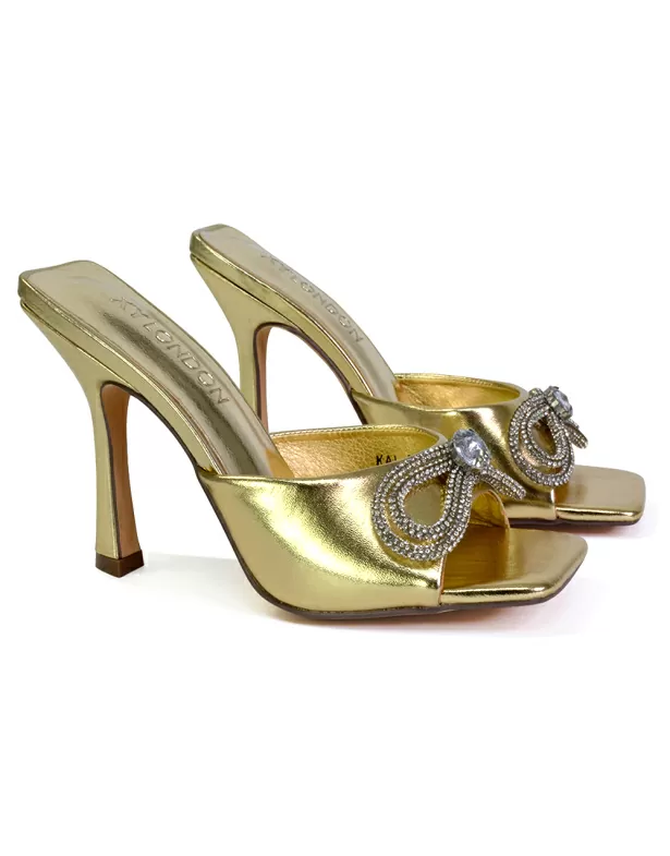 Elsa Diamante Bow Square Toe Stiletto High Heeled Mule Sandals in Gold - Image 2