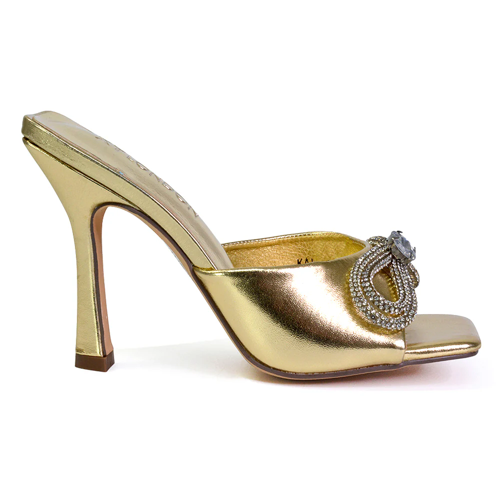 Elsa Diamante Bow Square Toe Stiletto High Heeled Mule Sandals in Gold - Image 69