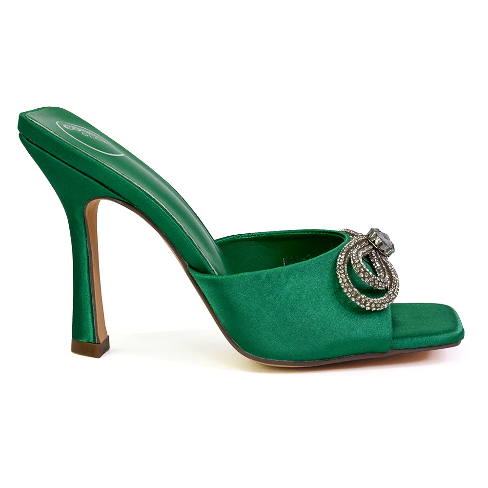 Elsa Diamante Bow Square Toe Stiletto High Heeled Mule Sandals in Green - Image 13