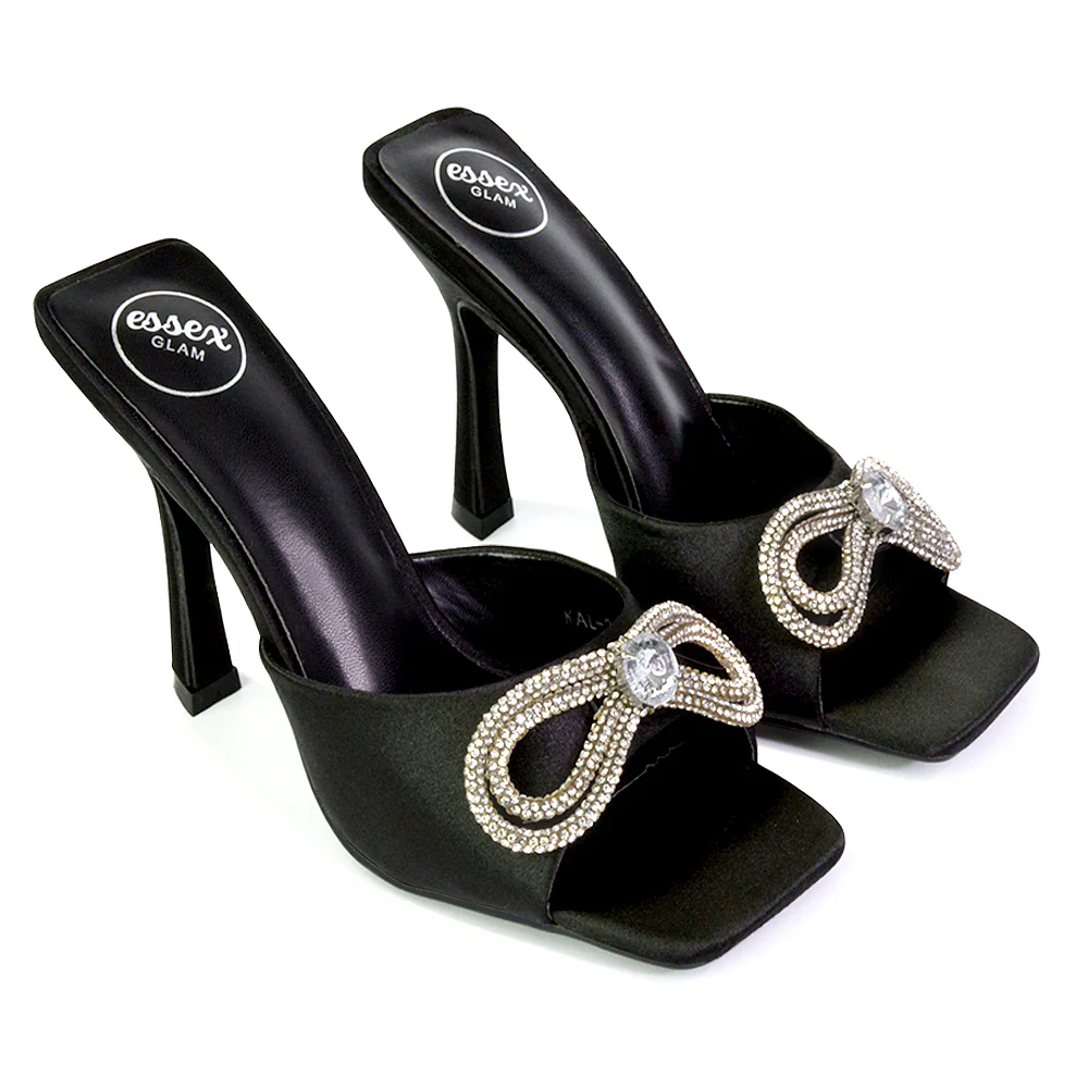 Elsa Diamante Bow Square Toe Stiletto High Heeled Mule Sandals in Silver - Image 116