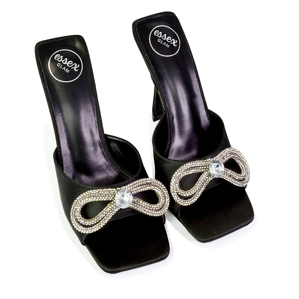 Elsa Diamante Bow Square Toe Stiletto High Heeled Mule Sandals in Silver - Image 117