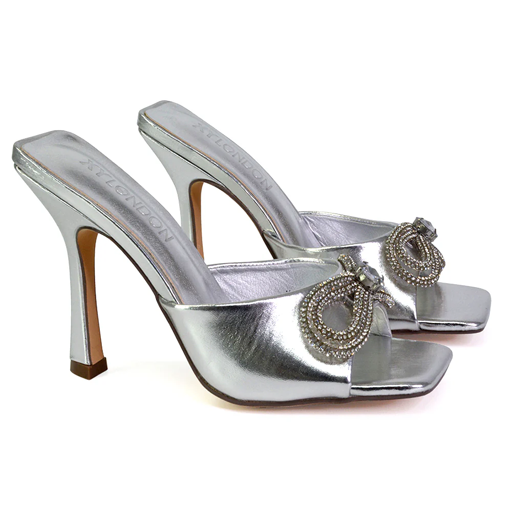 Elsa Diamante Bow Square Toe Stiletto High Heeled Mule Sandals in Silver - Image 4