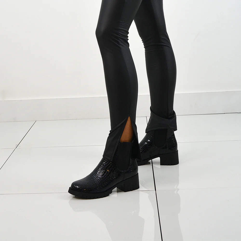 Elsie Chunky Sole Slip on Mid-Blocked Heeled Ankle Chelsea Boots in Black Croc - Image 8