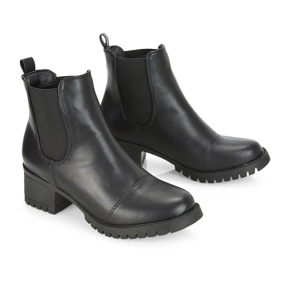 Elsie Chunky Sole Slip on Mid-Blocked Heeled Ankle Chelsea Boots in Black Faux Suede - Image 14