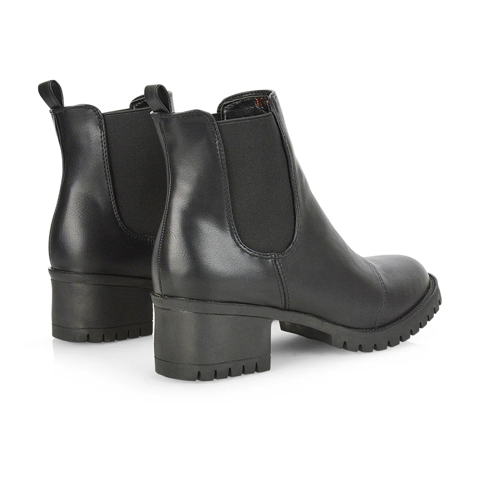 Elsie Chunky Sole Slip on Mid-Blocked Heeled Ankle Chelsea Boots in Black Faux Suede - Image 31