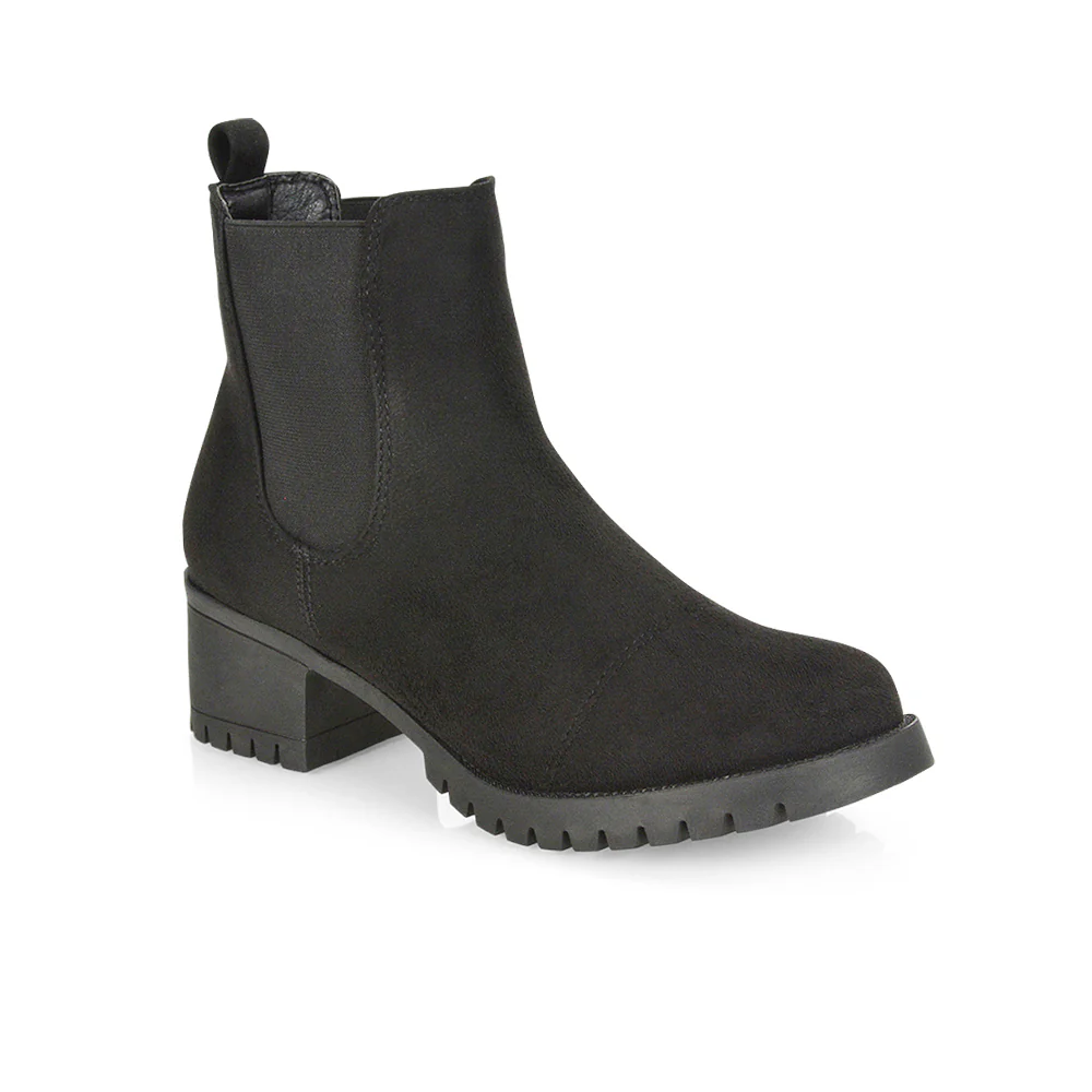 Elsie Chunky Sole Slip on Mid-Blocked Heeled Ankle Chelsea Boots in Black Faux Suede - Image 43