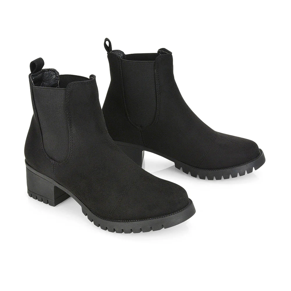 Elsie Chunky Sole Slip on Mid-Blocked Heeled Ankle Chelsea Boots in Black Faux Suede - Image 44