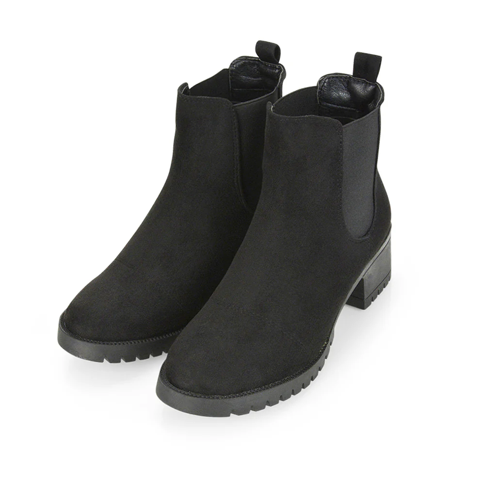 Elsie Chunky Sole Slip on Mid-Blocked Heeled Ankle Chelsea Boots in Black Faux Suede - Image 50