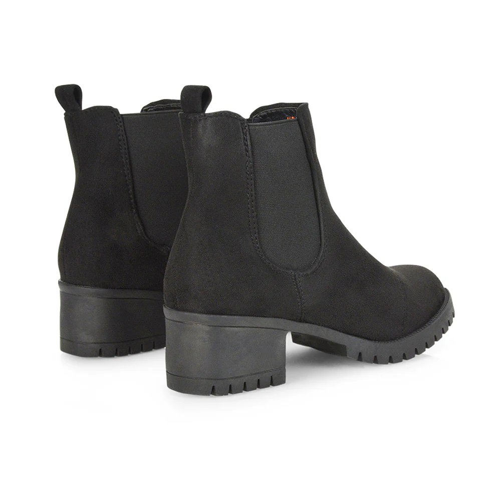 Elsie Chunky Sole Slip on Mid-Blocked Heeled Ankle Chelsea Boots in Black PU - Image 62