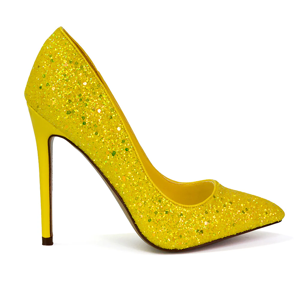 Emerald Pointed Toe Court Shoes Glitter Stiletto High Heels in Black - Image 108