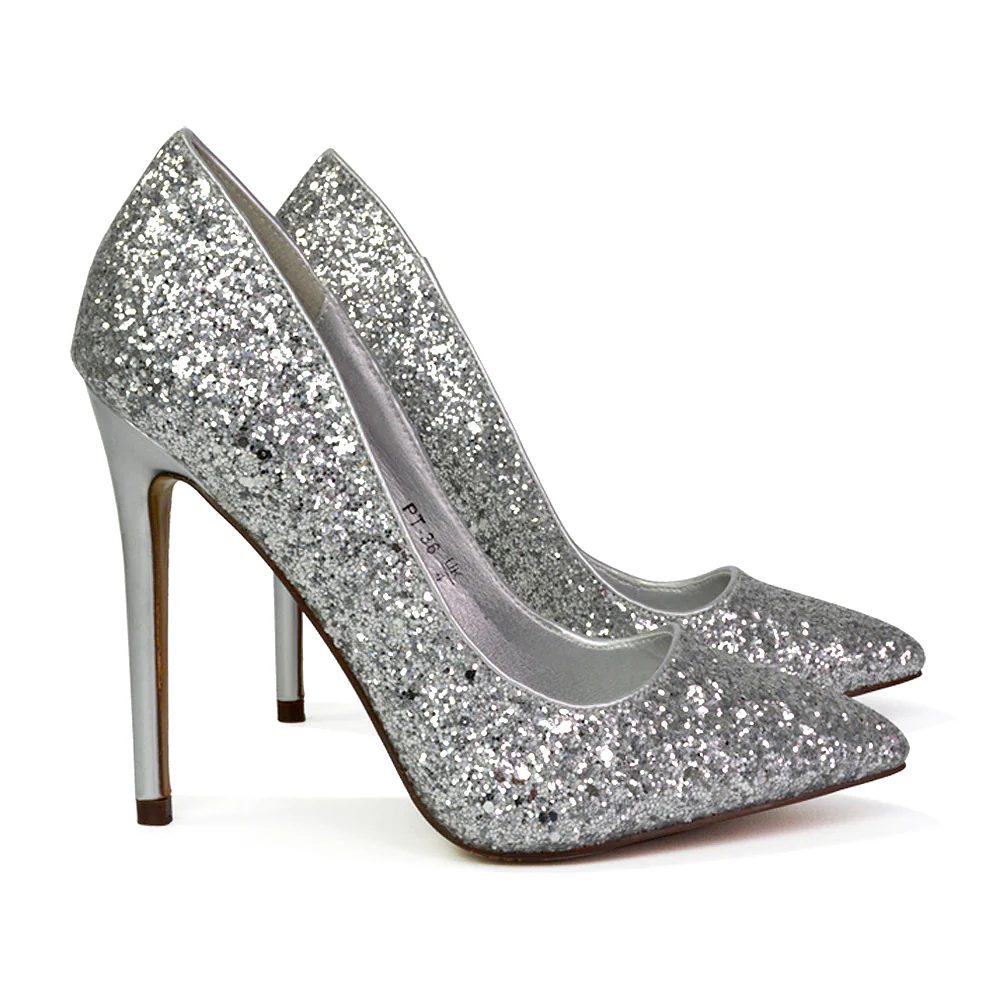 Emerald Pointed Toe Court Shoes Glitter Stiletto High Heels in Black - Image 136