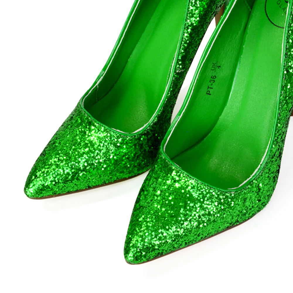 Emerald Pointed Toe Court Shoes Glitter Stiletto High Heels in Black - Image 22