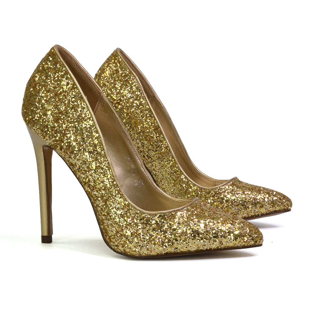 Emerald Pointed Toe Court Shoes Glitter Stiletto High Heels in Gold - Image 14