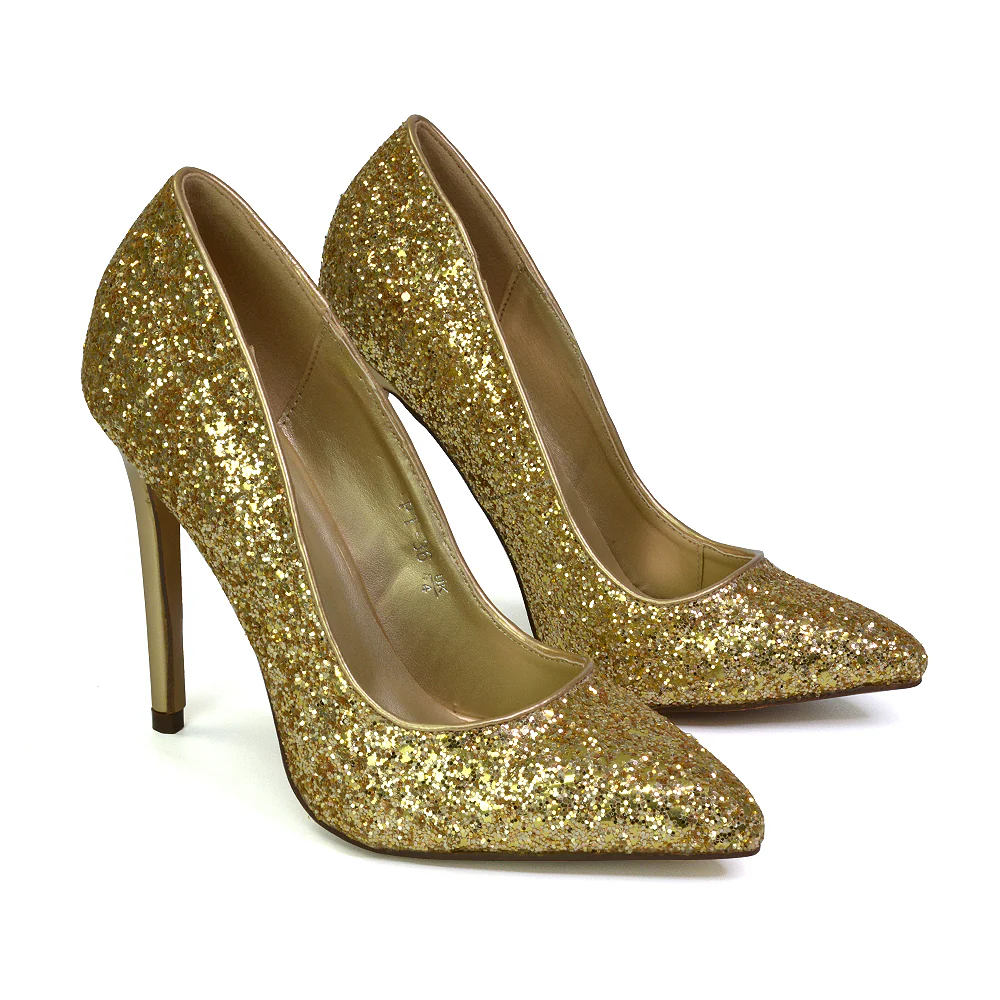 Emerald Pointed Toe Court Shoes Glitter Stiletto High Heels in Gold - Image 2