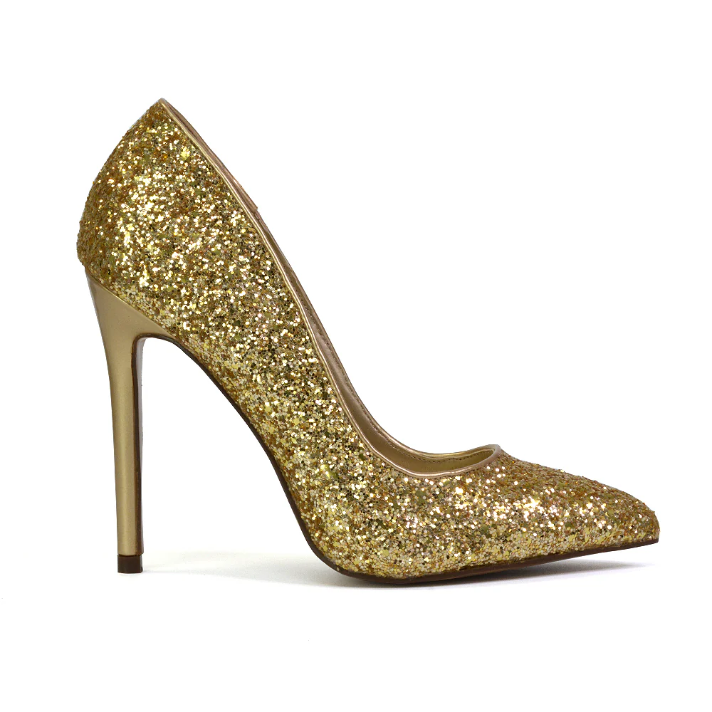 Emerald Pointed Toe Court Shoes Glitter Stiletto High Heels in Gold - Image 37