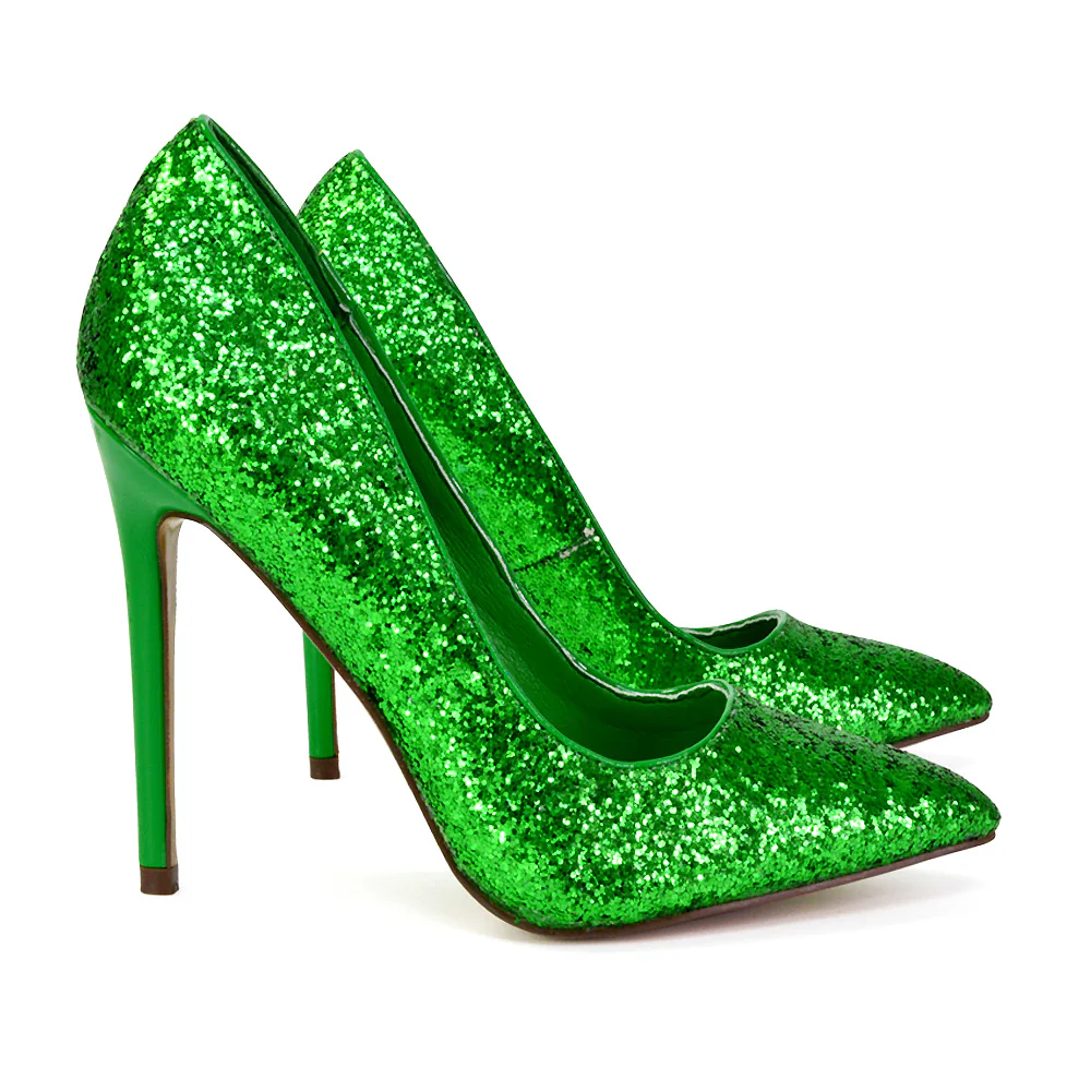 Emerald Pointed Toe Court Shoes Glitter Stiletto High Heels in Green - Image 26