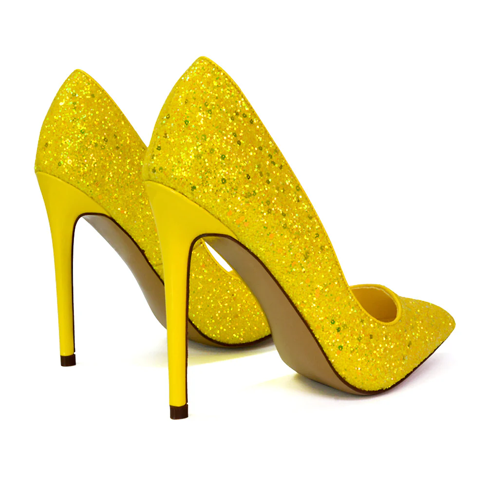 Emerald Pointed Toe Court Shoes Glitter Stiletto High Heels in Orange - Image 100