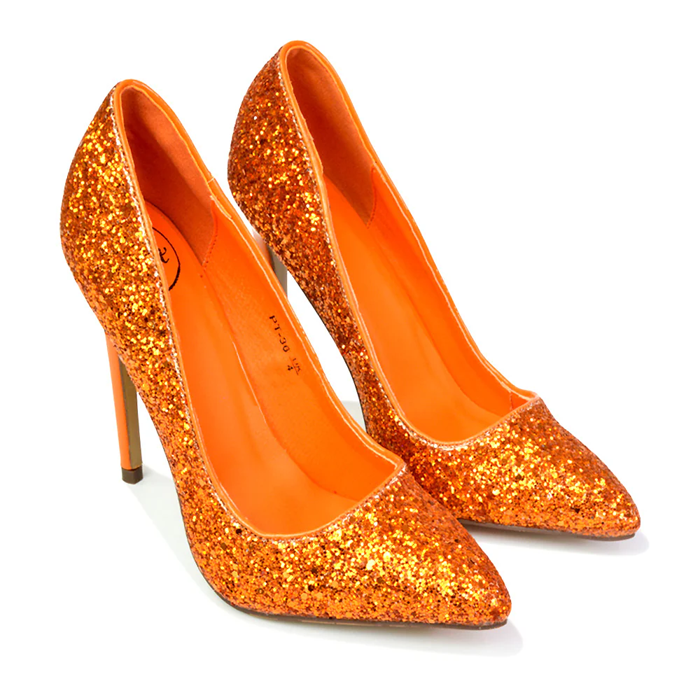 Emerald Pointed Toe Court Shoes Glitter Stiletto High Heels in Orange - Image 49