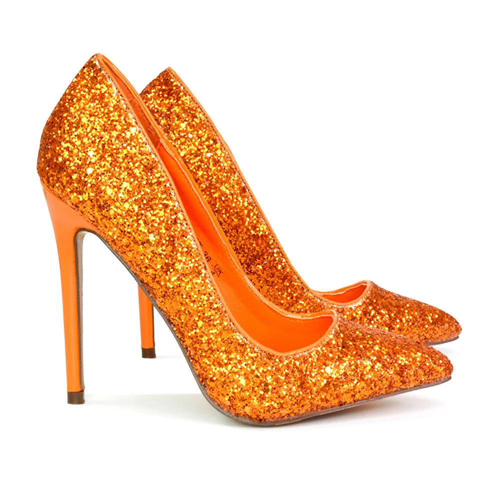 Emerald Pointed Toe Court Shoes Glitter Stiletto High Heels in Orange - Image 61