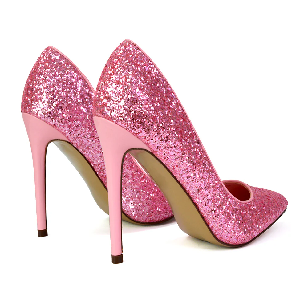 Emerald Pointed Toe Court Shoes Glitter Stiletto High Heels in Orange - Image 95