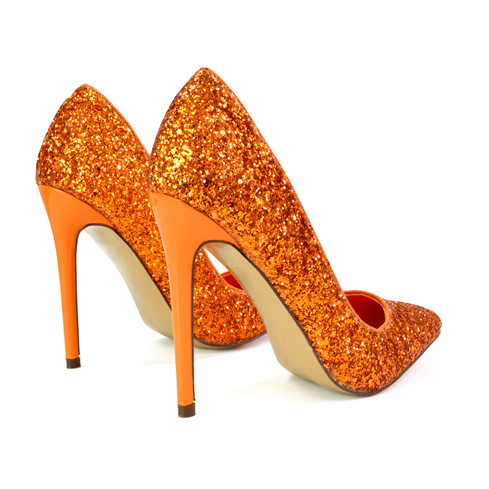 Emerald Pointed Toe Court Shoes Glitter Stiletto High Heels in Silver - Image 60