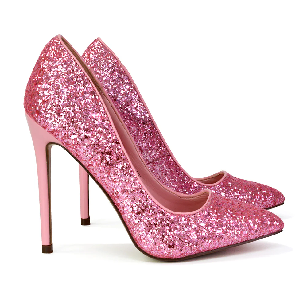 Emerald Pointed Toe Court Shoes Glitter Stiletto High Heels in Silver - Image 76