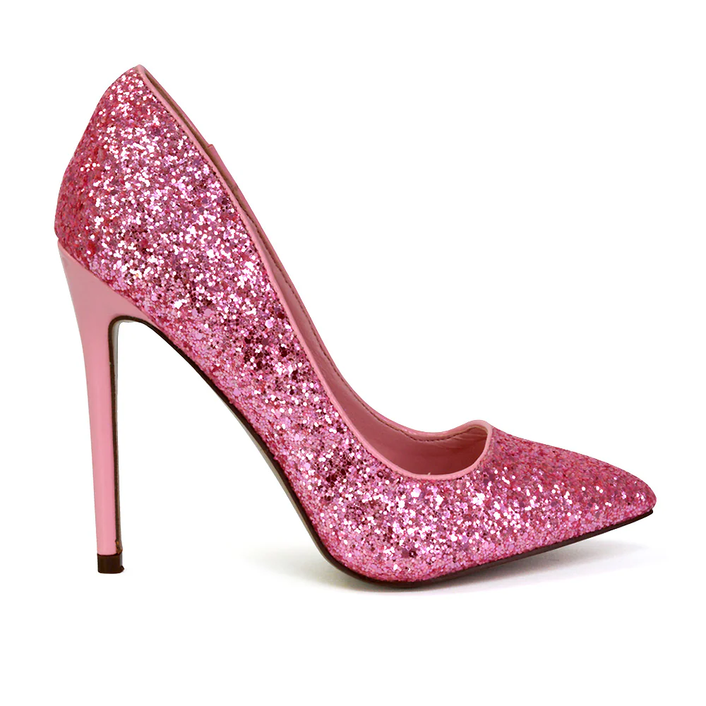 Emerald Pointed Toe Court Shoes Glitter Stiletto High Heels in Silver - Image 88