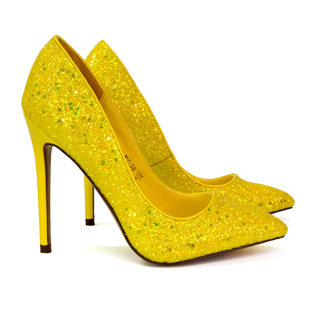 Emerald Pointed Toe Court Shoes Glitter Stiletto High Heels in Silver - Image 96