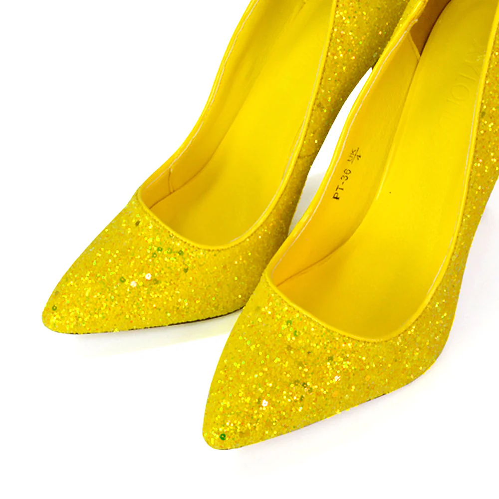 Emerald Pointed Toe Court Shoes Glitter Stiletto High Heels in Silver - Image 97