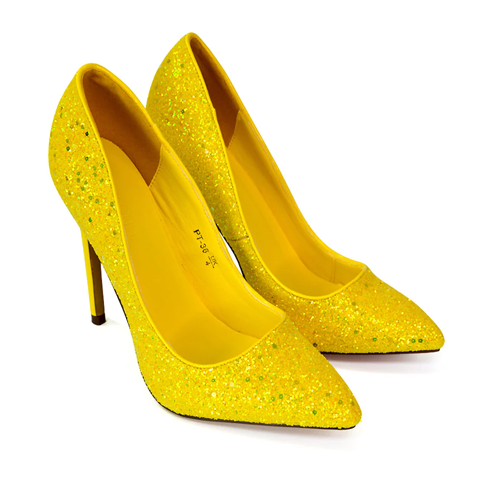 Emerald Pointed Toe Court Shoes Glitter Stiletto High Heels in Yellow - Image 110