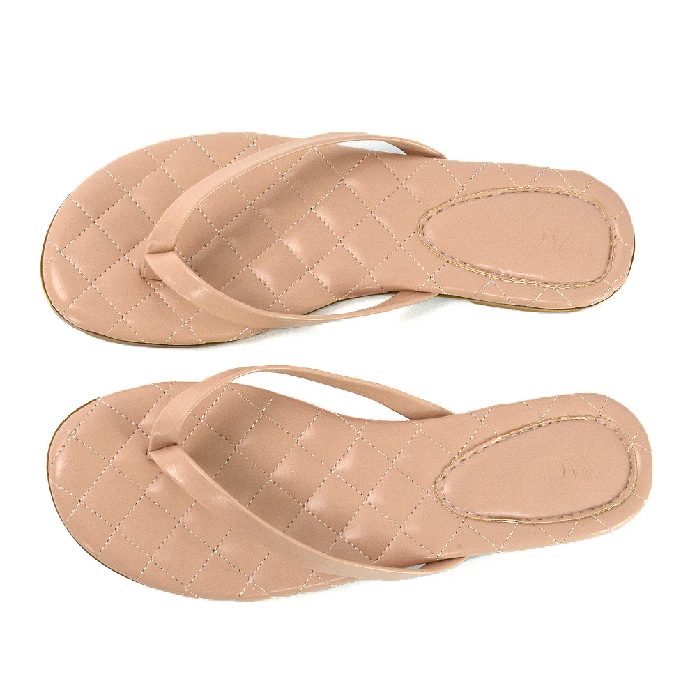 Emersyn Quilted Insole Design Flat Toe Post Flip Flops Summer Sandals in Nude - Image 43