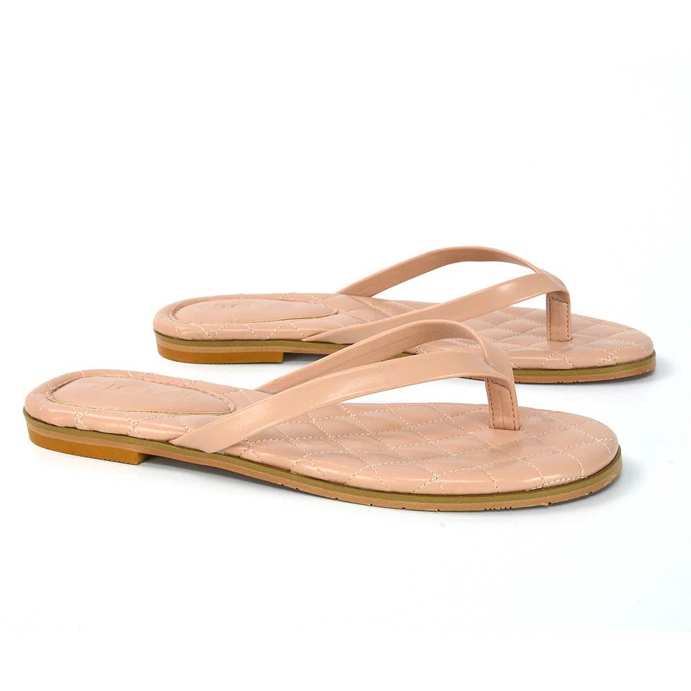 Emersyn Quilted Insole Design Flat Toe Post Flip Flops Summer Sandals in Nude - Image 45