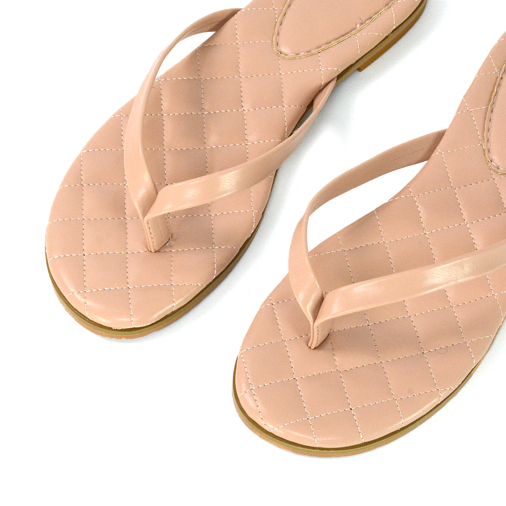 Emersyn Quilted Insole Design Flat Toe Post Flip Flops Summer Sandals in White - Image 40