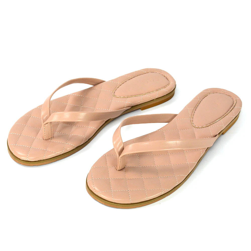 Emersyn Quilted Insole Design Flat Toe Post Flip Flops Summer Sandals in White - Image 43